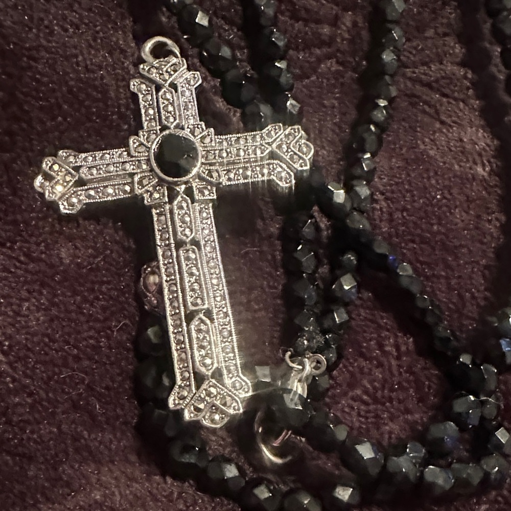 Elegant Black and Silver Pewter Cross Necklace